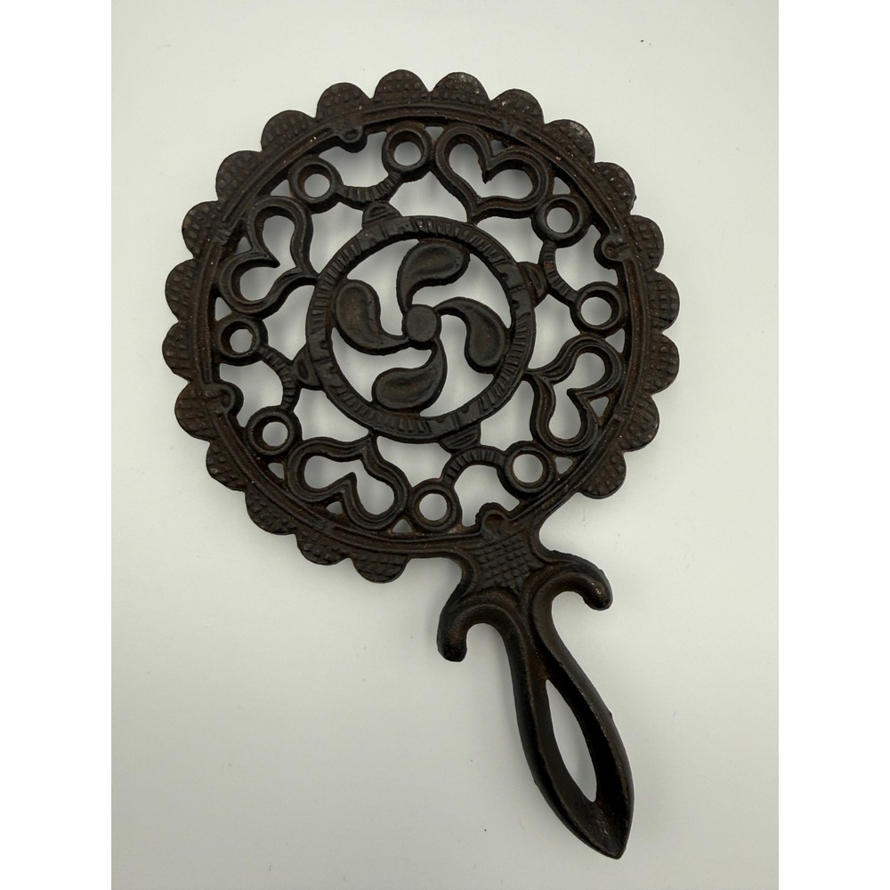 Vintage 1950s "Tulip" Black Cast Iron Trivet Footed w/Hearts Pattern 6x9.25"